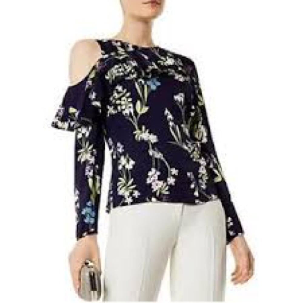 Karen Millen Asymmetrical Sleeve Floral Top Navy Blue
